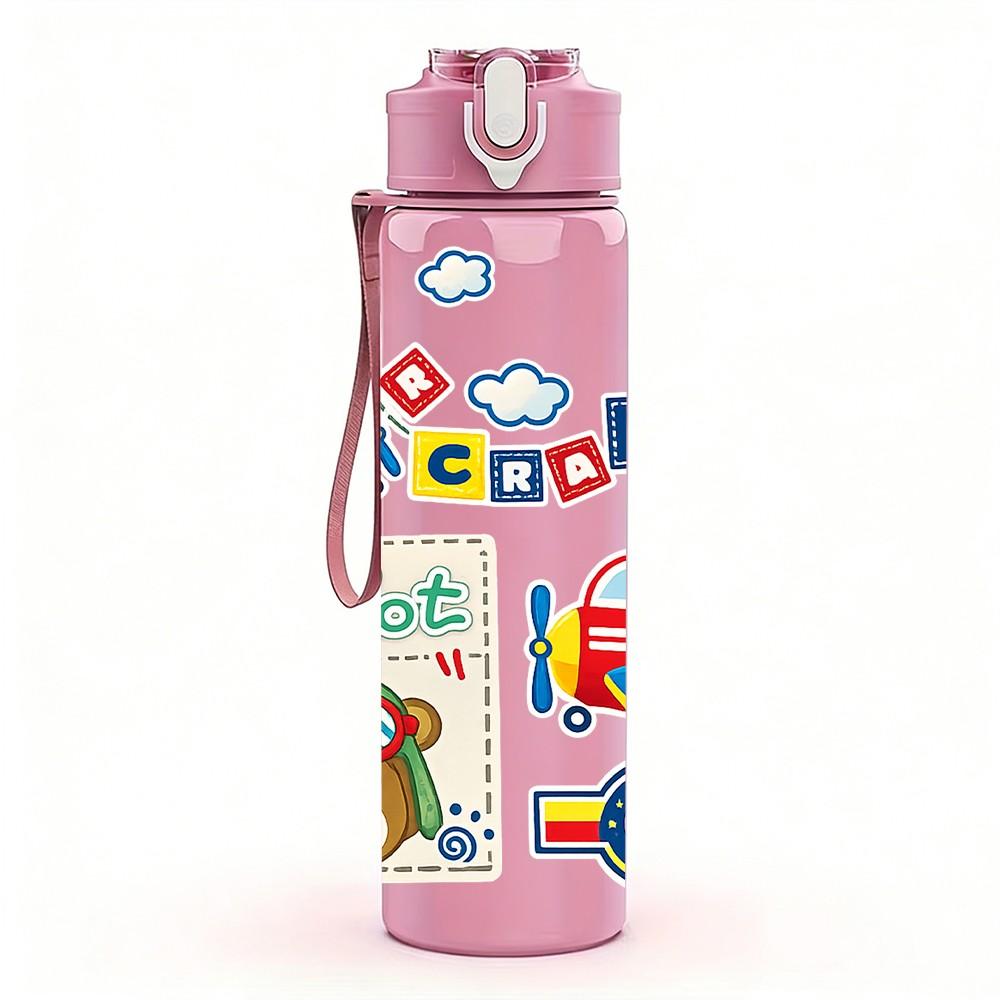 1PC Kids Toy Block Colorful Cartoon Print 750ml Color Plastic Sports Water Bottle Leakproof Flip Straw Lid Suitable for Sports Office Home Use