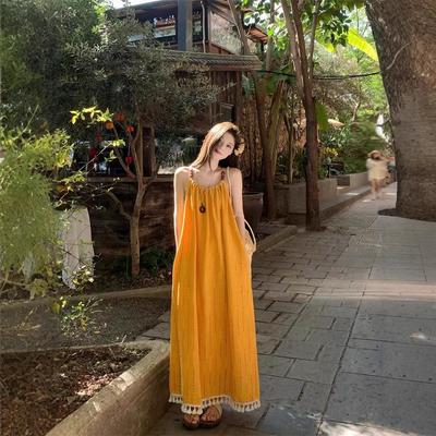 Lazy and Relaxed Yellow Fringed Suspender White Dress Seaside Vacation Temperament Long Dress Beautiful Beach Dress Summer