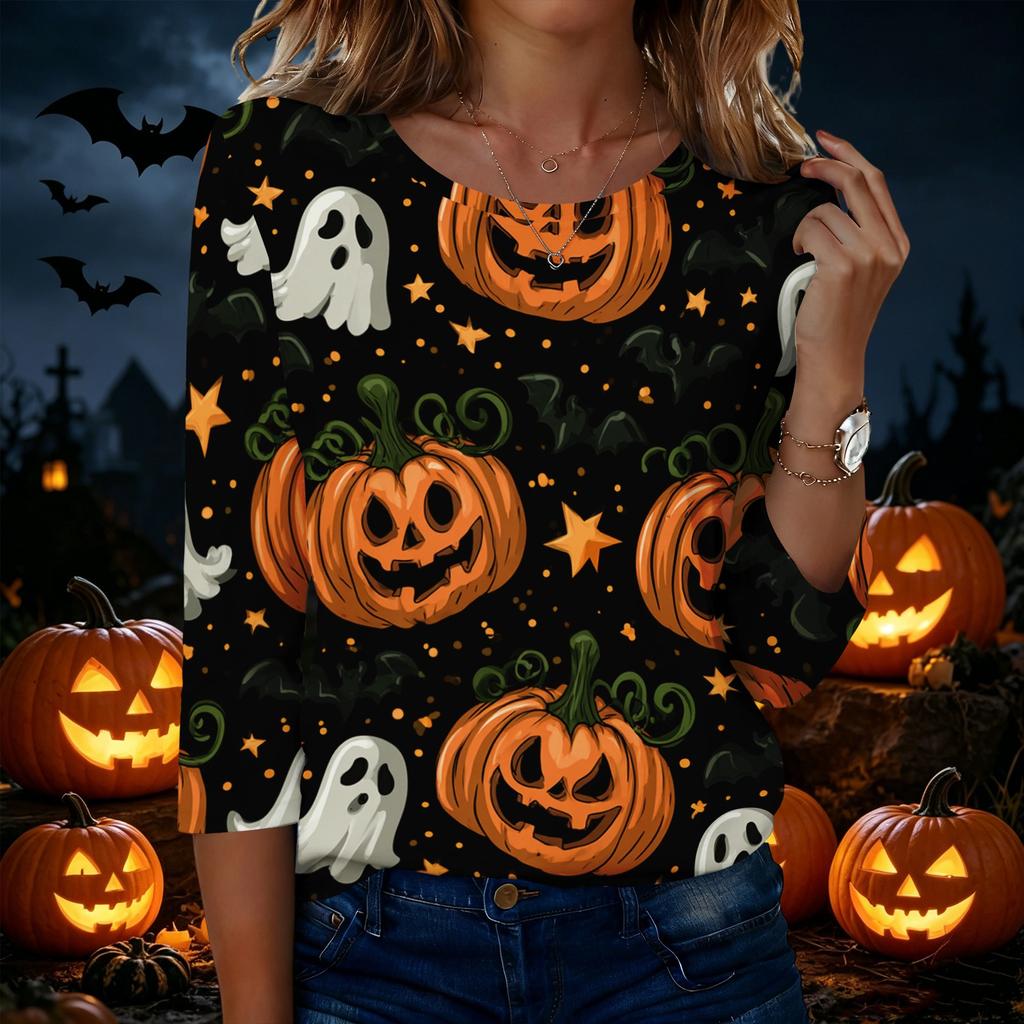Women's Casual Halloween Print Round Neck Three Quarter Sleeve T Shirt Top Lightweight Comfortable Fit