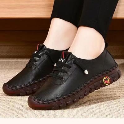 2024 Spring Casual Women's Shoes Low Heel Loafers Fashion Lace-up Genuine Leather Flat Slip-on Mom Shoes Zapatillas Mujer 35-42