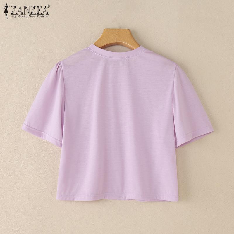 ZANZEA Women Casual Round Neck Short Sleeve Summer Patchwork T-Shirts