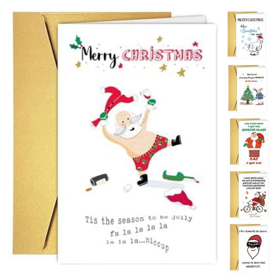 Vtipné vánoční přání pro něj, její humorný kreslený vzor, ​​vánoční skládací přání