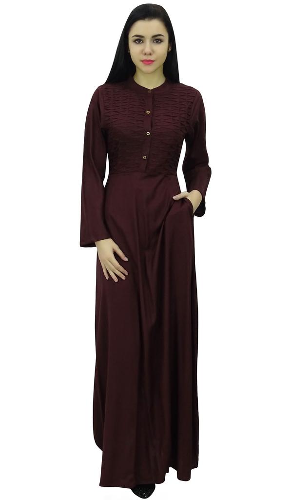 Bimba Women's Long Sleeve Maxi Mandarin Collar Plain Jilbab Dress With