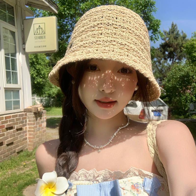 

Spring and summer breathable cotton and linen sun hat straw woven bucket hat versatile simple sun hat travel Adult (56-58cm) бежевий
