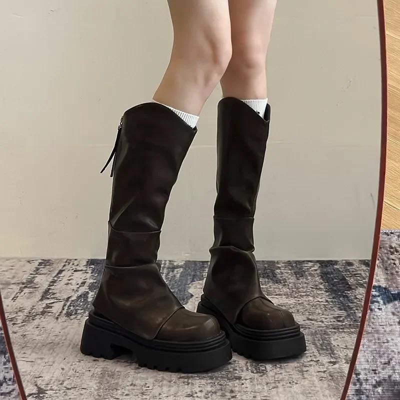Women's Thick Bottom High Tube Boots Autumn Winter Brown Long Tube Boots Pant Boot Small Size Knight Boot Simple Style