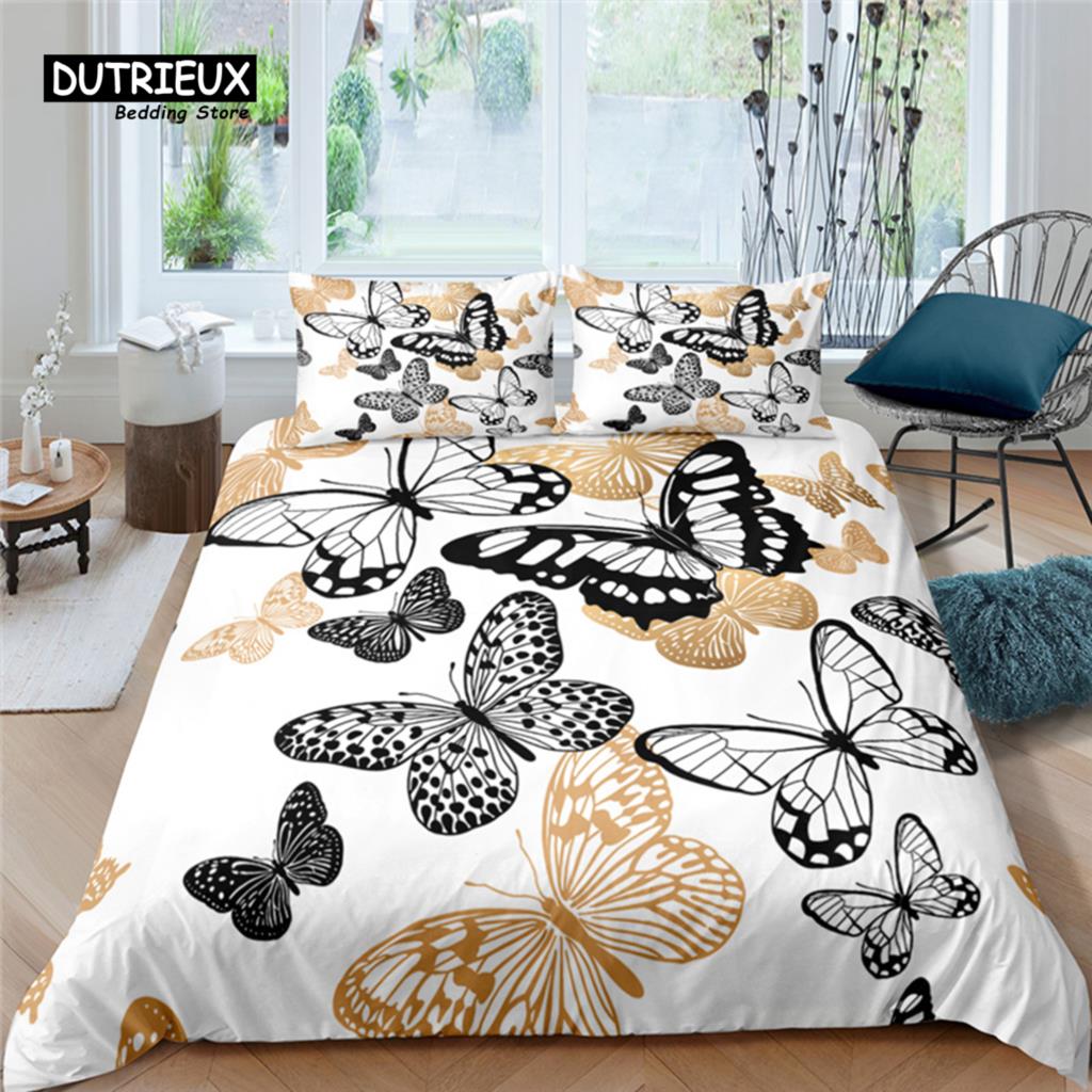 Home Living Luxury Butterfly Print 2/3Pcs Soft Duvet Cover PillowCase Queen Size and King Size Kids Bedding Set EU/US/AU Size