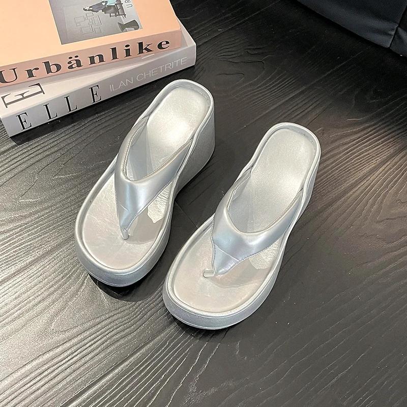 

Летние женские тапочки на толстой подошве, модные элегантные туфли на платформе с застежкой-молнией, на танкетке, женские повседневные пляжные сандалии для отдыха на открытом воздухе 35 серебряный