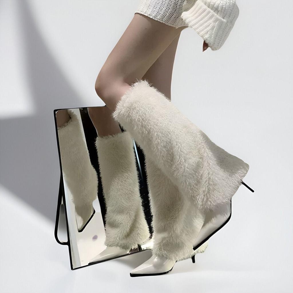 Long Boots Good-looking White High-heeled Boots Fluffy Winter Feeling Spice Girl European and American Pointed Knees But New Senior Children