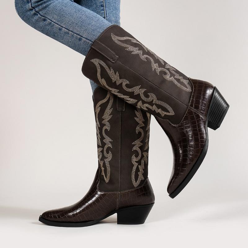 

Женские ковбойские сапоги в стиле вестерн, осенне-зимние сапоги до колена, ковбойские сапоги с острым носком и вышивкой, женская обувь отличного качества Botas Mujer 43 светло-коричневого