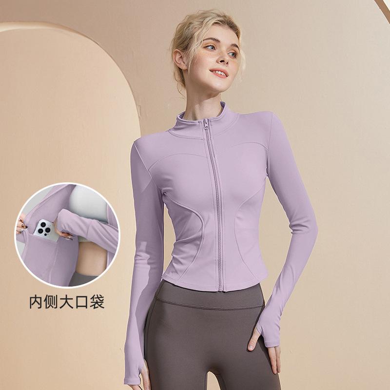 Yoga clothes women's tight tshirt sports long sleeves running training pilates standup neck zipper fitness clothes jacket spring