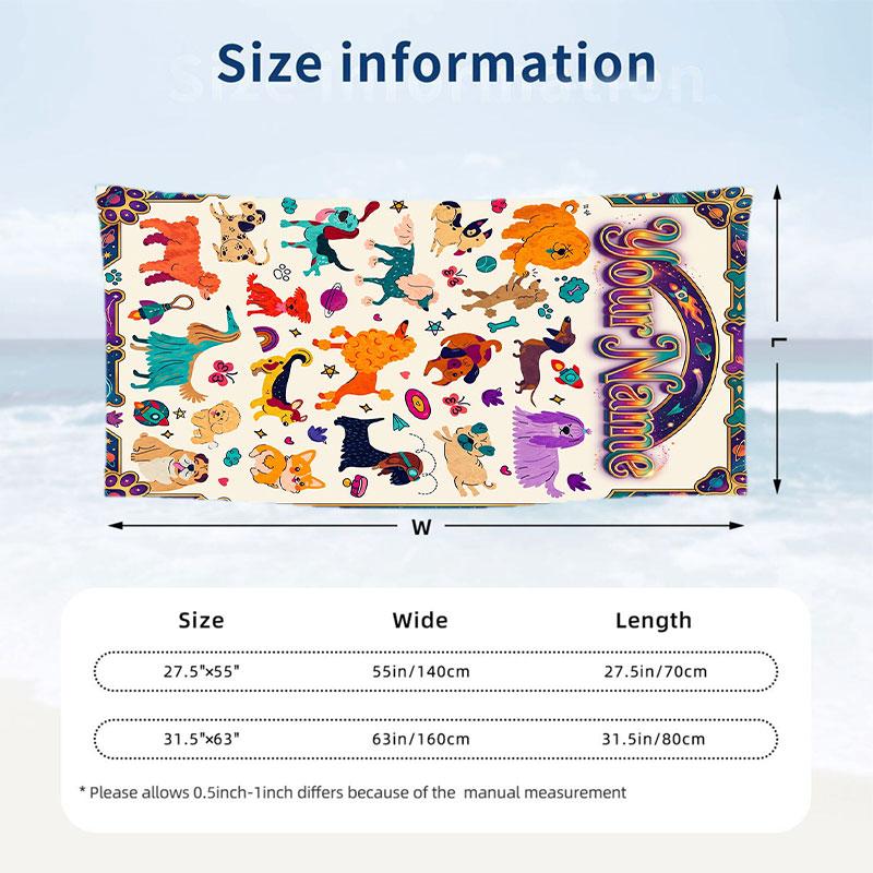 Dog Theme Beach Towel Personalized Custom Name & Text Soft Quick Dry Beach Towel for Swimming Travel