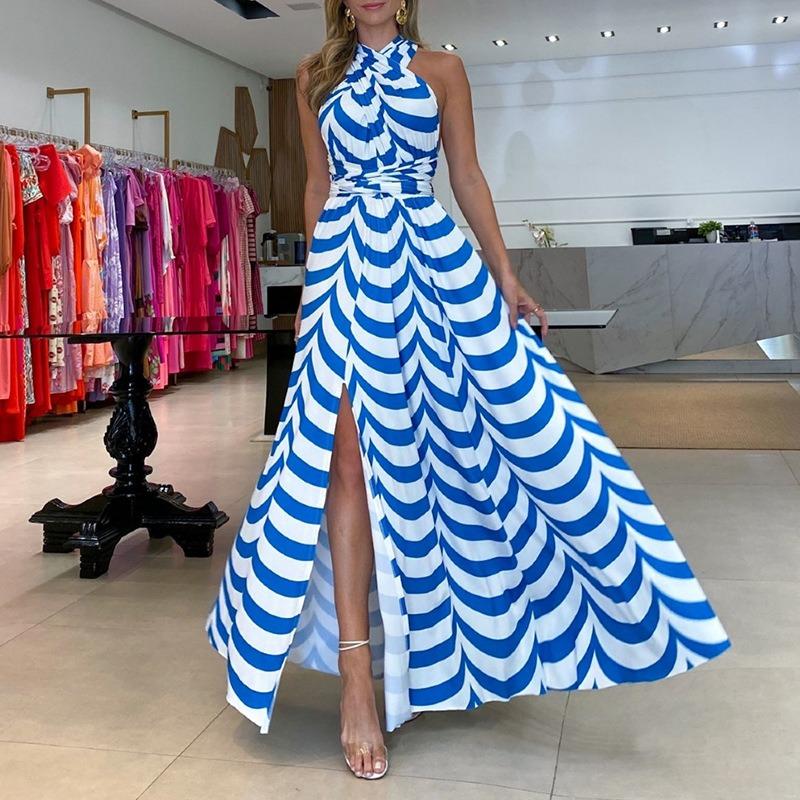 Women's Summer Sweet Stripe Hanging Neck High Waist Split Mid-Length Dresses