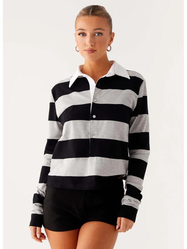 

Autumn Striped Polo Top - Women s Versatile Long-Sleeve with Turn-Down Collar Medium чёрный/серый