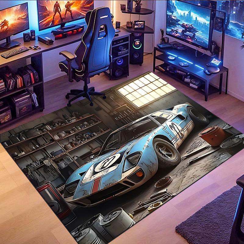 Vintage Car Garage-Themed Rug, suitable for living room, bedroom, game room, computer room and home décor.