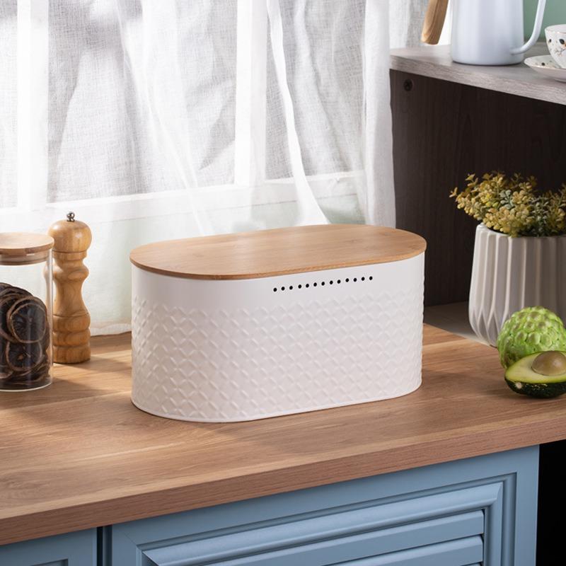 Bamboo Cover Bread Box, Kitchen Food Breathable and Fresh Storage Box, Household Pattern Oval Metal Storage Tank