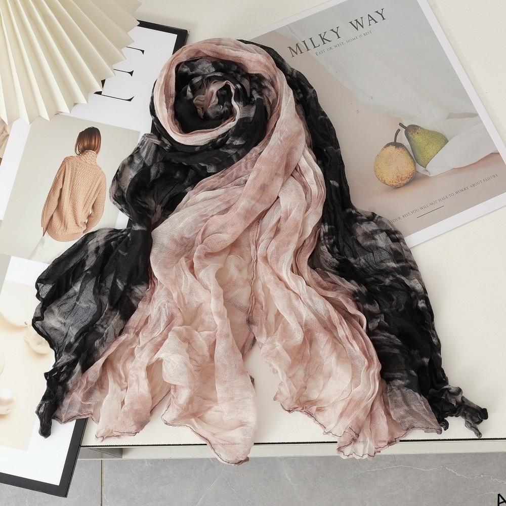 Tie Dye Gradient Cotton Linen Scarf Vintage Retro Pleated Printed Scarf Luxury Brand Designer Long Shawl Wrap For Autumn Winter