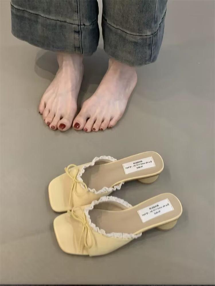 

Soft leather version~ French bow square head thick heel open toe one-word slippers female sexy lace edge wear cool slippers 35