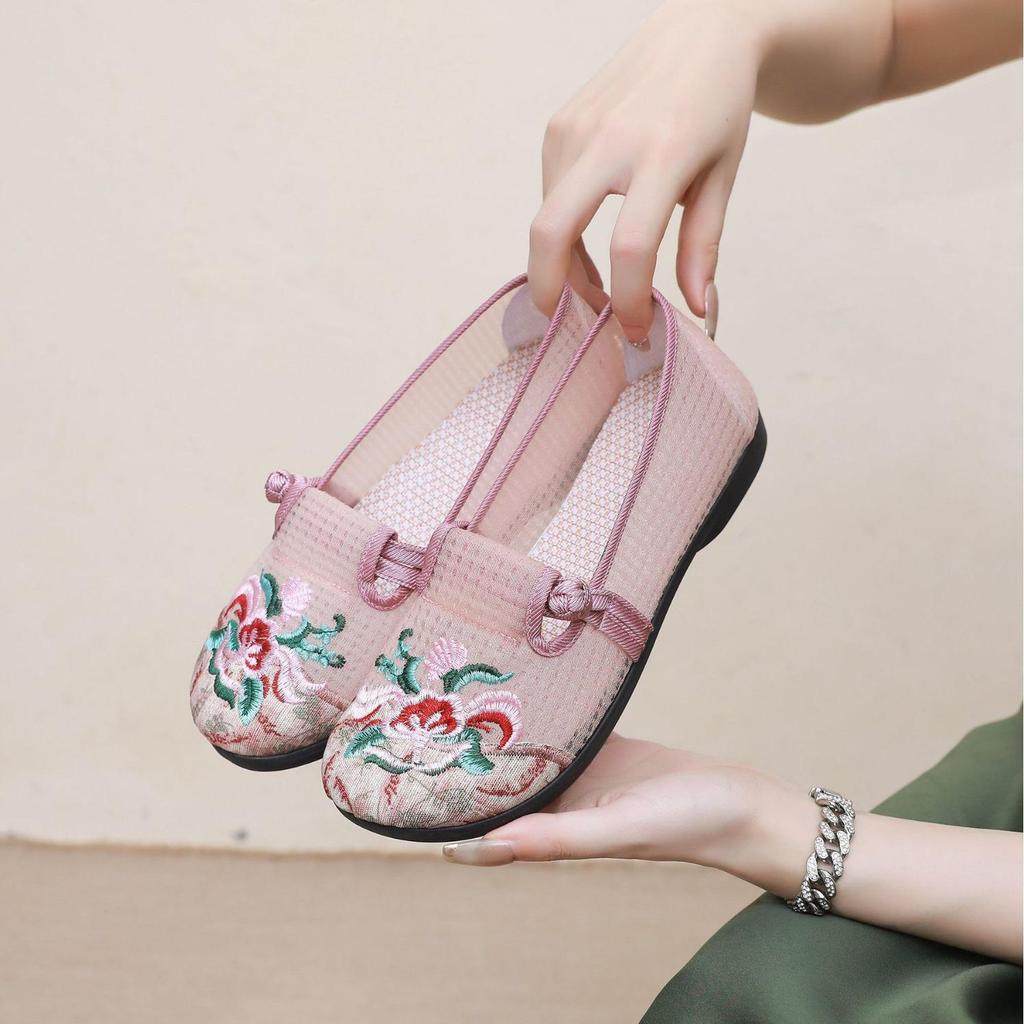 Damen Ethno Bestickte Atmungsaktive Mesh Slipper - Flache Schuhe mit weicher Sohle für Mütter