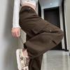 Women's High-Waist Retro Washed Cotton Cargo Pants, Loose Straight-Leg, Floor-Length, Cuffed Wide-Leg, Spring Slimming Style.
