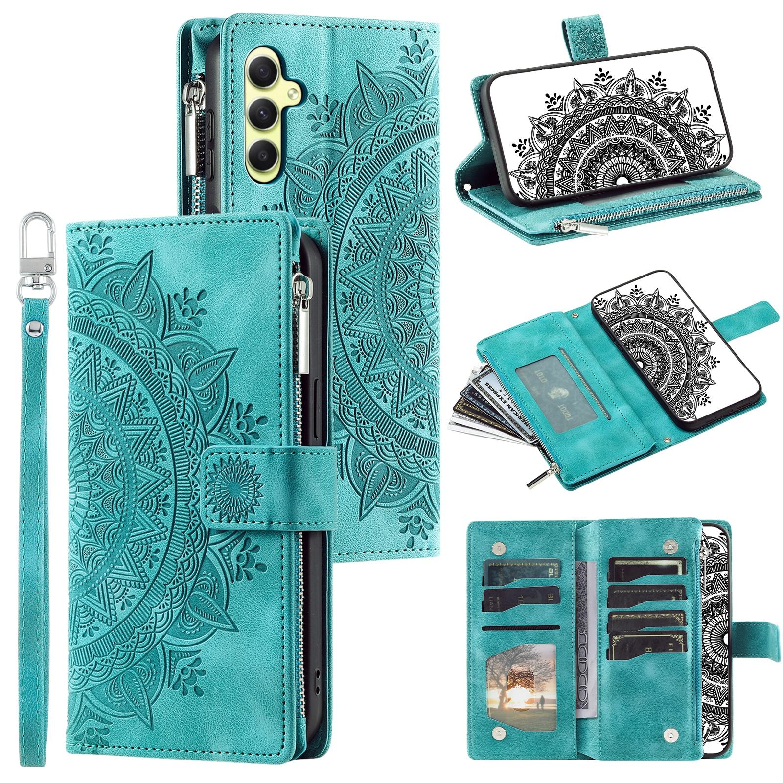 

For Samsung Galaxy S24 Case TPU+PU Leather Phone Cover Wallet Imprinted Shell with Strap Green