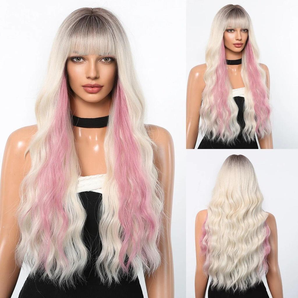 LOUIS FEREE Long Wavy Wig With Bangs Red Brown Ginger Copper Synthetic Wigs for Women Natural Wave Curly Wigs Heat Resistant Hair for Daily