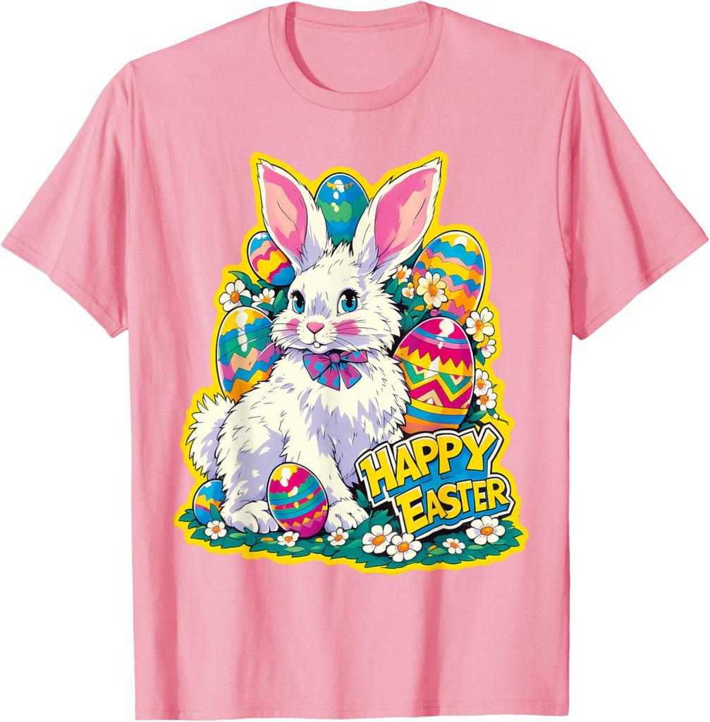 Happy Easter Bunny Floral Eggs Graphic Tee Soft Cotton Casual Short Sleeve T-Shirt