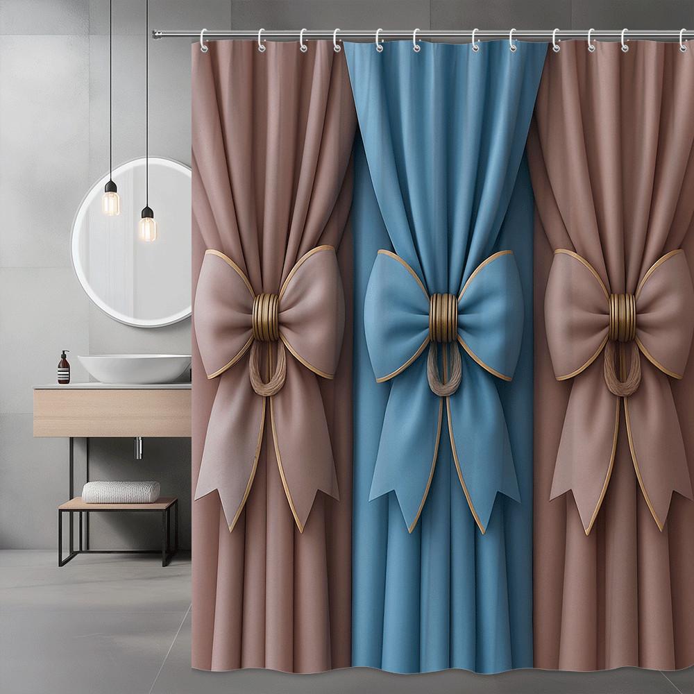 

Elegant Bow Shower Curtain Pink Blue Velvet Design Luxury Bathroom Decor Fashionable 3D Print Waterproof Free Hooks Included W60H190(CM)-1 Pcs