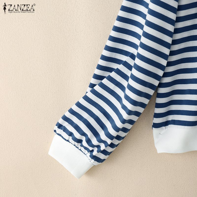 ZANZEA Women Casual Round Neck Long Sleeve Stripe Cardigan Blouse