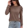 Women Loose Round Neck Pleated Puff Long Sleeve Solid Color T Shirt Top