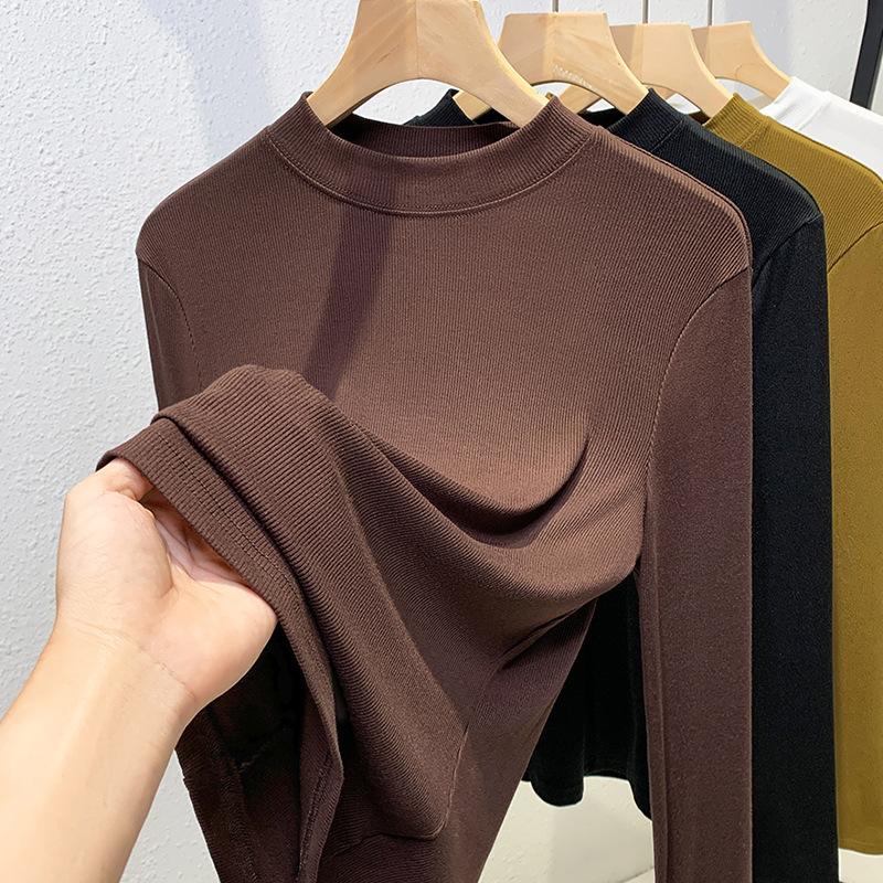 Threaded bottomed shirt women's 2025 new European women's clothing temperament stand-up collar long-sleeved t-shirt waist and elastic top