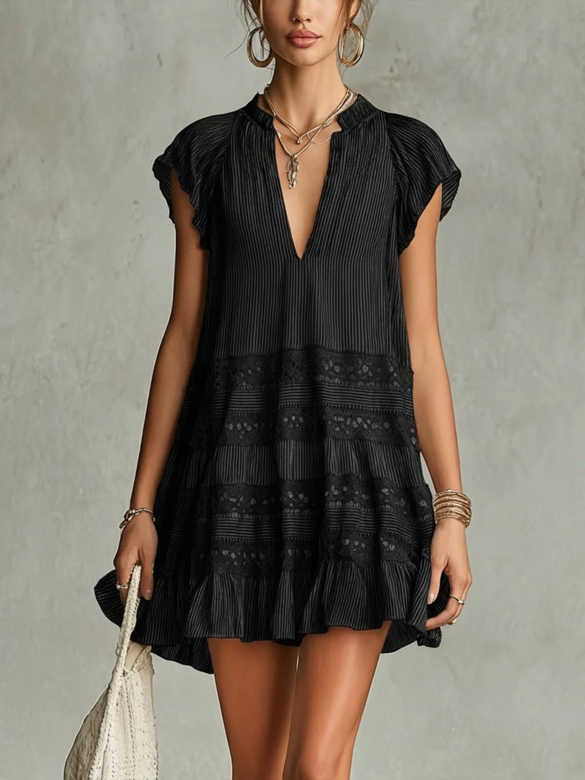 2026 new European and American style black striped splicing lace V-neck short-sleeved dress summer retro slim black S