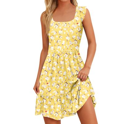 Women's Summer Casual Square Neck Dress With Pockets Cute Sleeveless High Waisted A-Line Vest Midi Dress