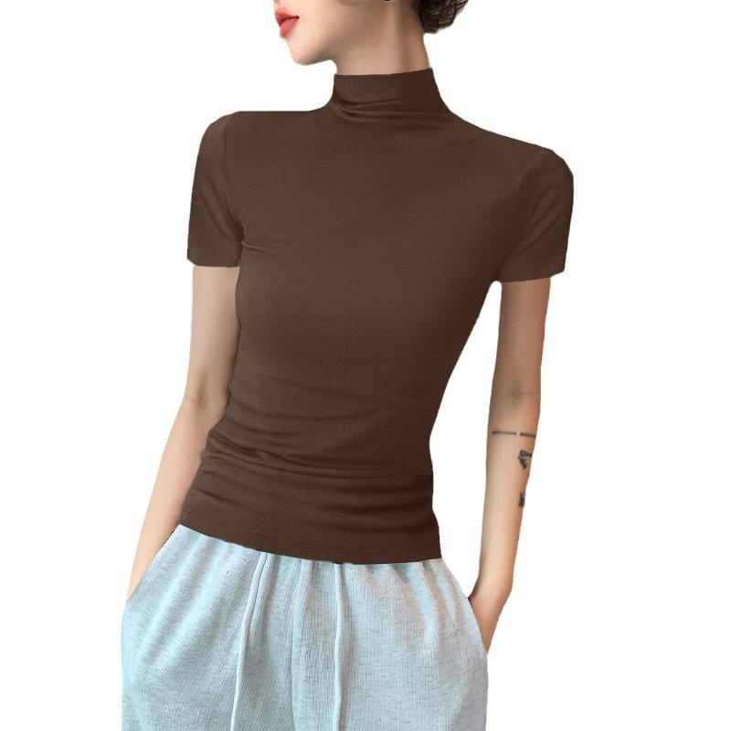 Women's Black Ice Silk Slim Fit Mock Neck T-Shirt - Short Sleeve, Half Sleeve Fashionable Top