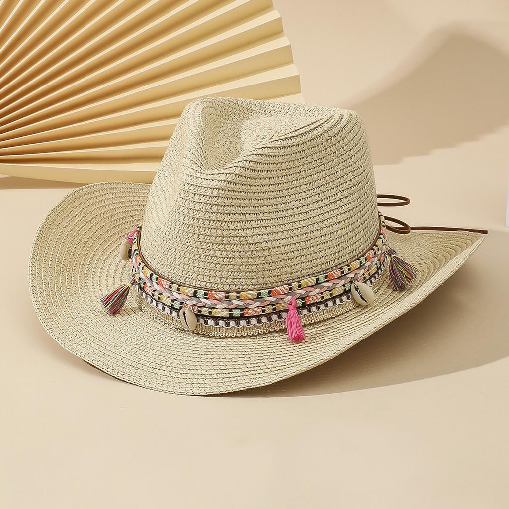 Outdoor Hiking Tassel Cowboy Straw Hat Unisex Foldable Sun Protection Summer Hat Bohemian Style Uv Protection Fisherman Hat