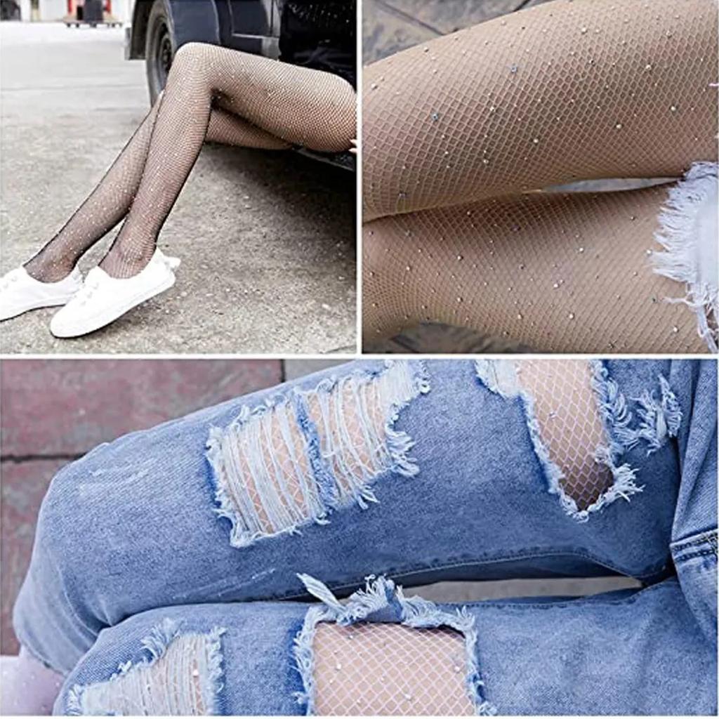 Meias de Rede Femininas Brilhantes Fashion Elegantes Elásticas Strass Malha Calças Justas para Festa de Feriado Cor da Pele Tamanho Único