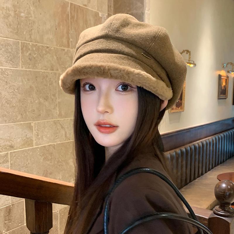 Plush Beret Women's New Autumn and Winter Octagonal Hat Thickened Pile Hat Winter Hat Baseball Cap Bucket Hat