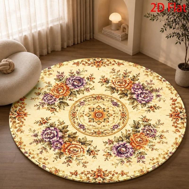 Vintage Floral Medallion Pattern Round Area Rug Elegant Home Decor Floor Cover for Living Room Bedroom Lounge Dining