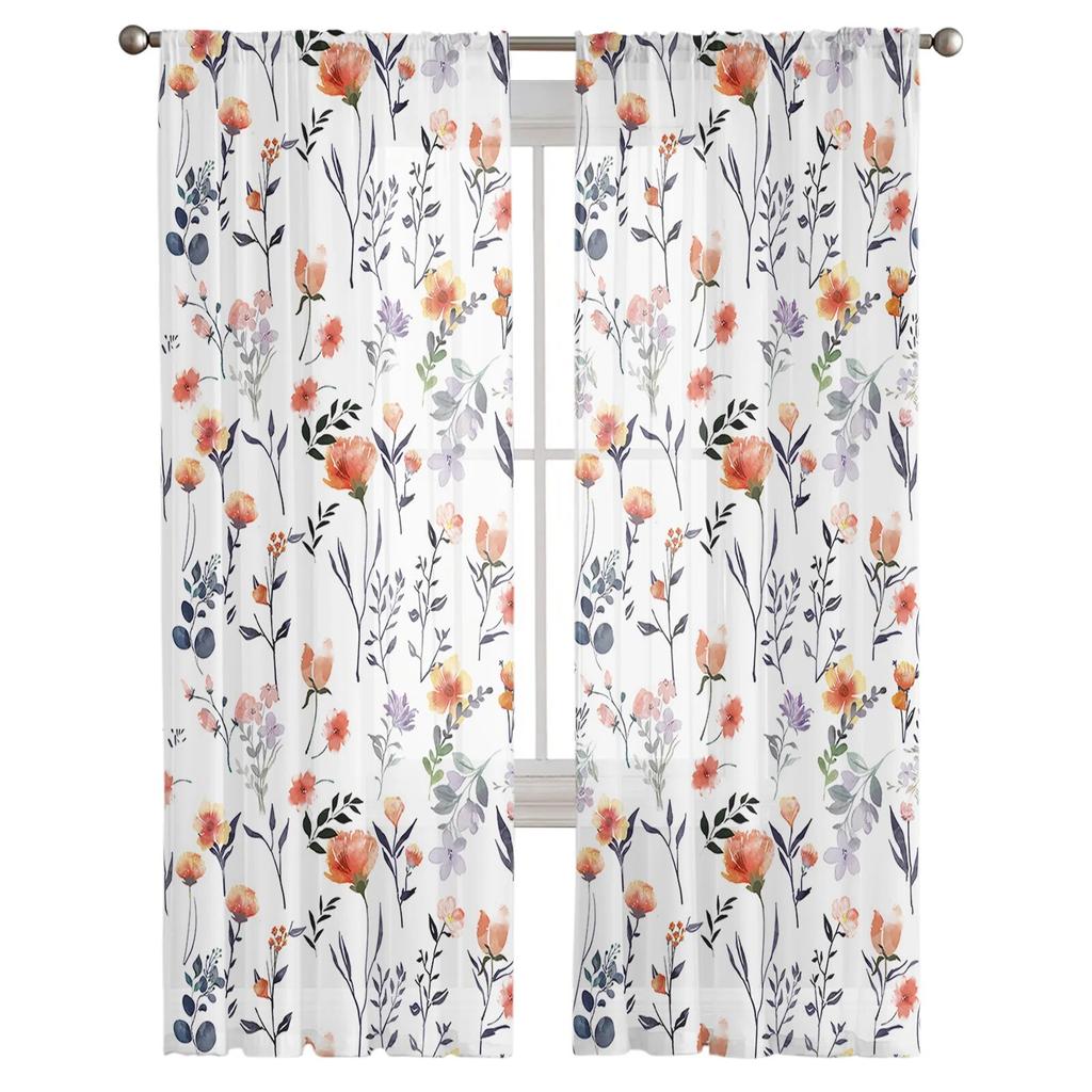 Plant Flower Watercolor Orange Tulle Curtains For Living Room Sheer Curtain For Bedroom Kitchen Blinds Voile Curtains