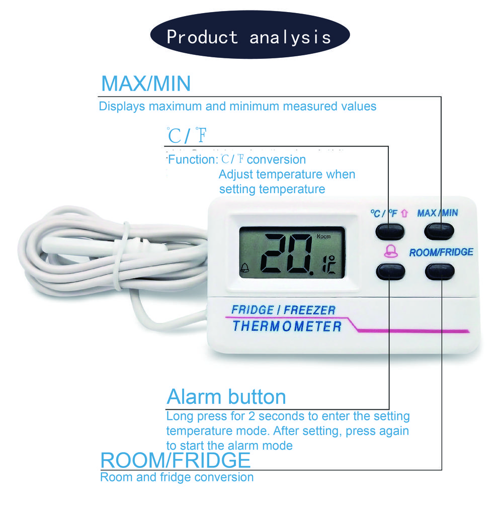 Thermometer Digital Refrigerator, Freezer, Freezer Magnetic Thermometer with Alarm Clock