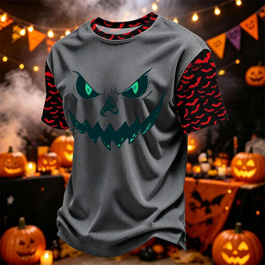 Men's Casual Corduroy Short Sleeve Crew Neck Lightweight Breathable Top Halloween Print Design Comfortable Fit