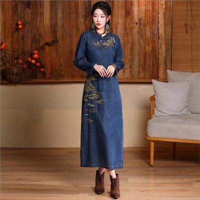 Chinesischen Stil Kragen Persönlichkeit Verbessern Langarm Frau Frühling Vintage Stickerei Baumwolle Kleid