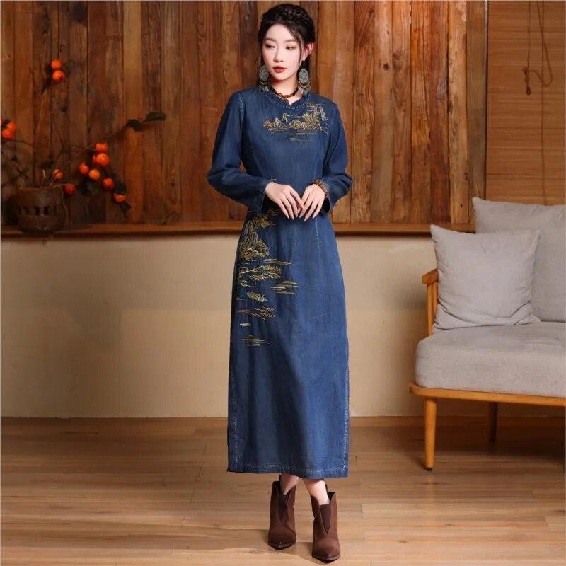 Johnature Chinese Style Collar Personality Improve Long Sleeve Woman Spring Vintage Embroidery Cotton Dress
