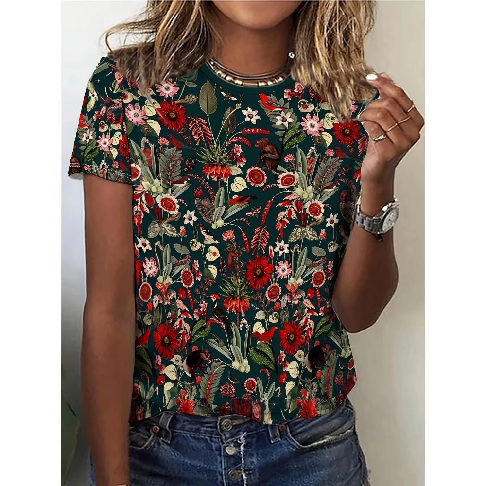 Women s Flower Print Short-sleeved Fashion Versatile Top Casual T-shirt Loose Comfortable T-Shirts Women’s XS