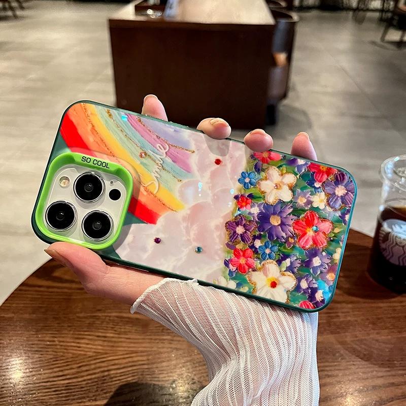 Rainbow Floral Oil Painting Clear TPU Phone Case For IPhone 15 14 13 12 11 Pro Max X XR XS 8 7 Plus, Shockproof Protective Cover