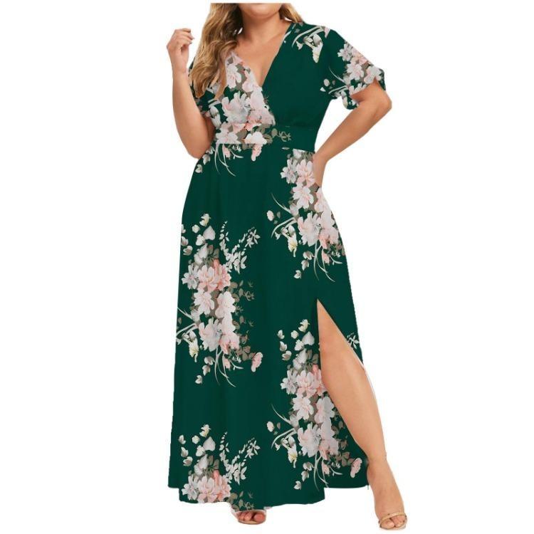 Fashion Summer Dress  Trendy Printed Hem Split Women European American Style Large Size