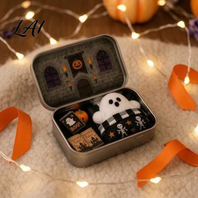 Halloweenová plechová krabička s duchem Mini sada Malá kapesní roztomilá v krabičce Měkká plyšová figurka Miniaturní scéna Strašidelná dekorace na stůl Dárky pro kluky a holky