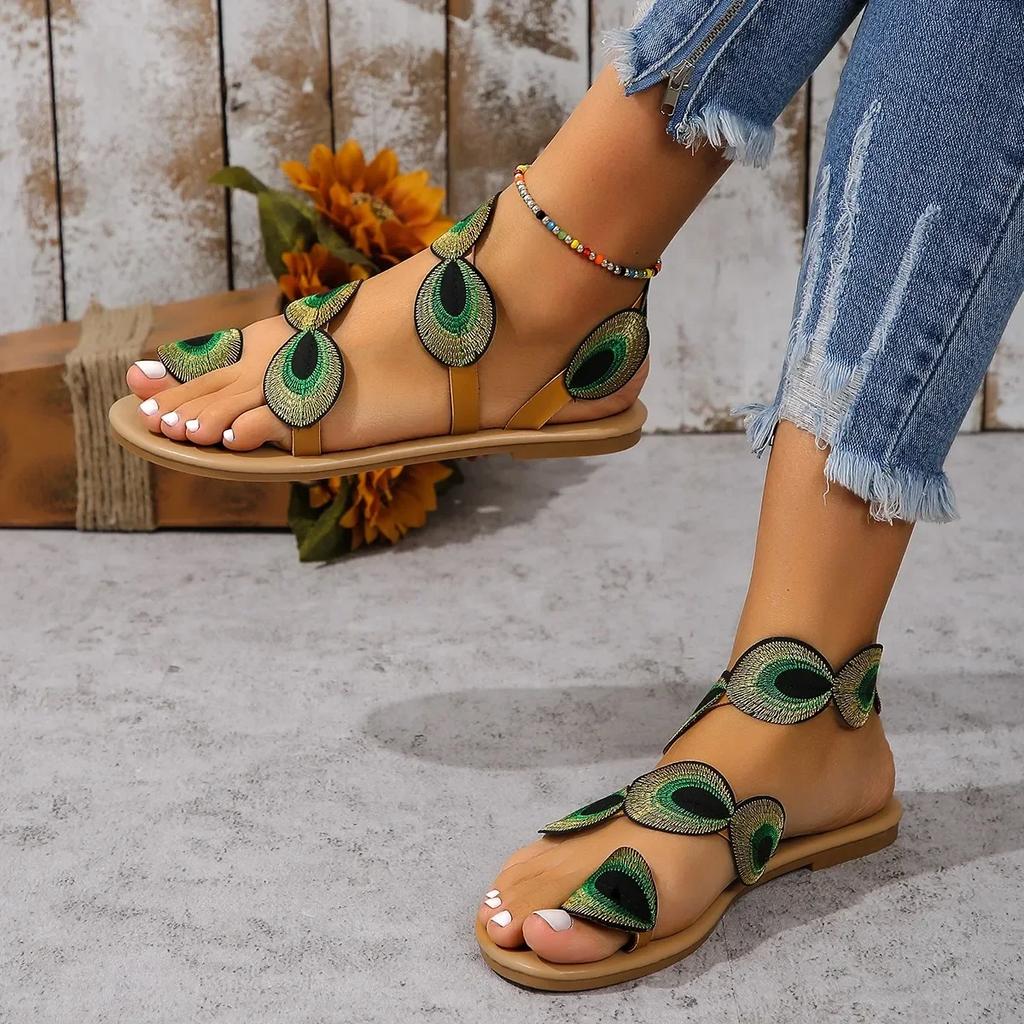 Fashion Yellow Embroidered Faux Flower Fashion Sandals Peacock Flat Plus Size 43 Summer Outdoor Beach Shoes Travel Mom Shoes