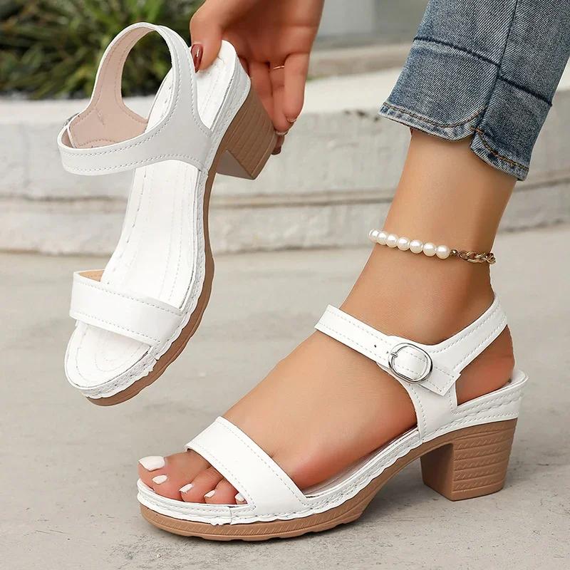 Fashion Ankle Strap Chunky Heel Sandals for Women Summer 2025 Lightweight Casual Beach Shoes Woman Plus Size Fashion High Heels Sandals