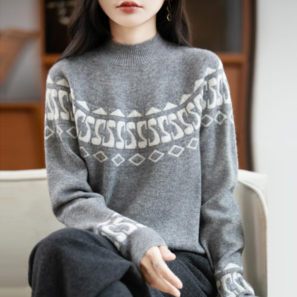 Women's Vintage Fair Isle 100% Merino Wool High Neck Sweater - Loose, Trendy Color Block Knitwear