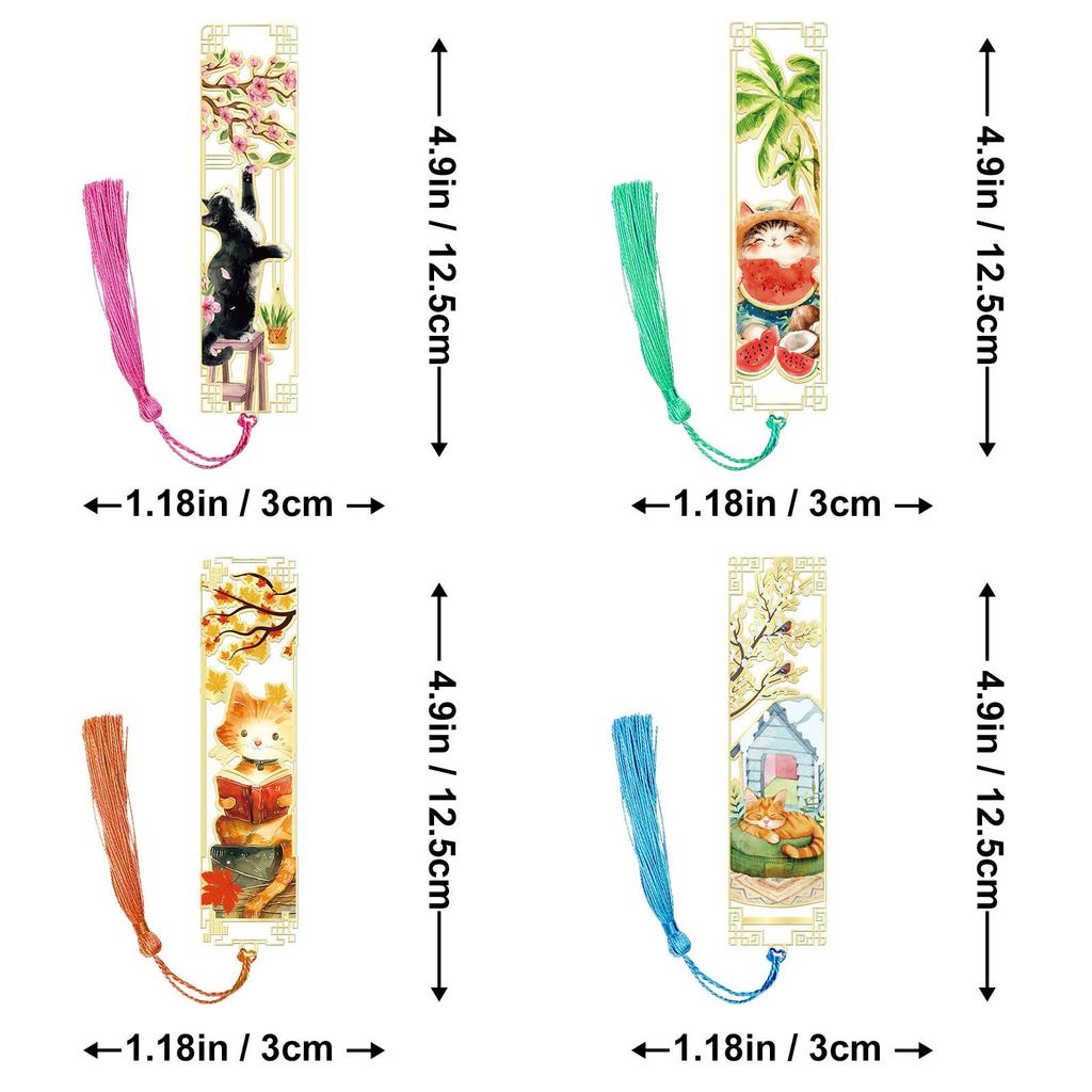 Cute Cat Four Seasons Chinese Metal Bookmark - Cultural Gift, Creative Hollow-out Design, Reading & Journal Decoration.